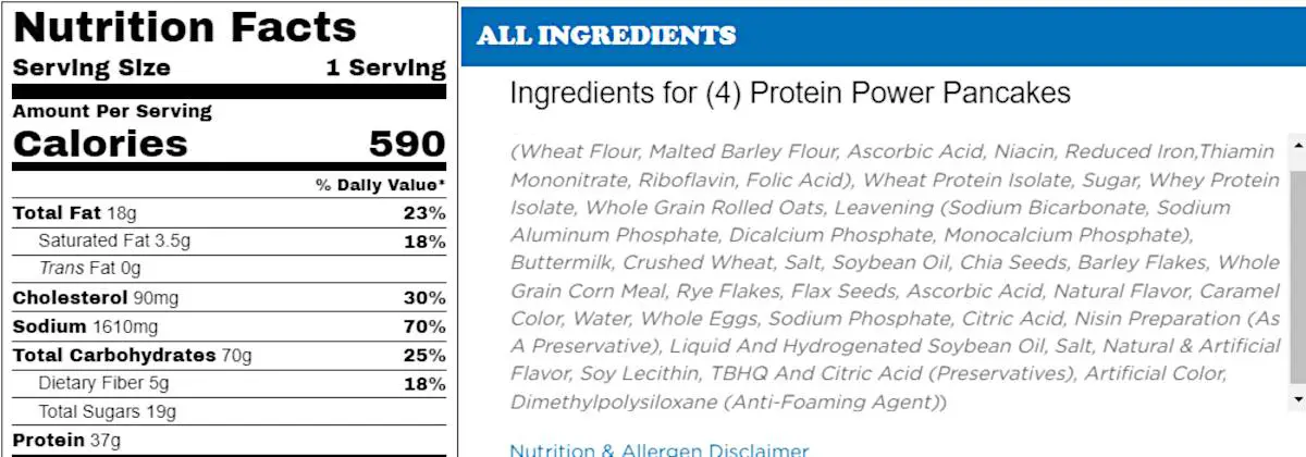 IHOP protein pancakes nutritional information and ingredient list.