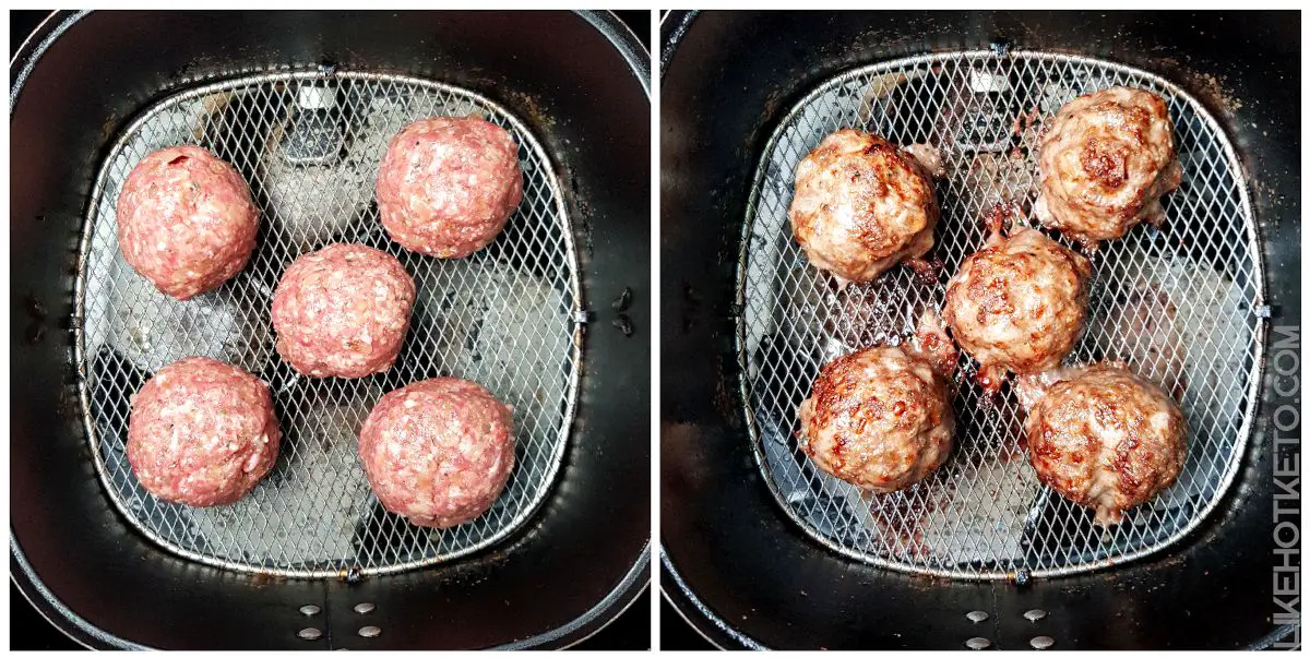 Almond flour meatballs, raw versus cooked in the air fryer.