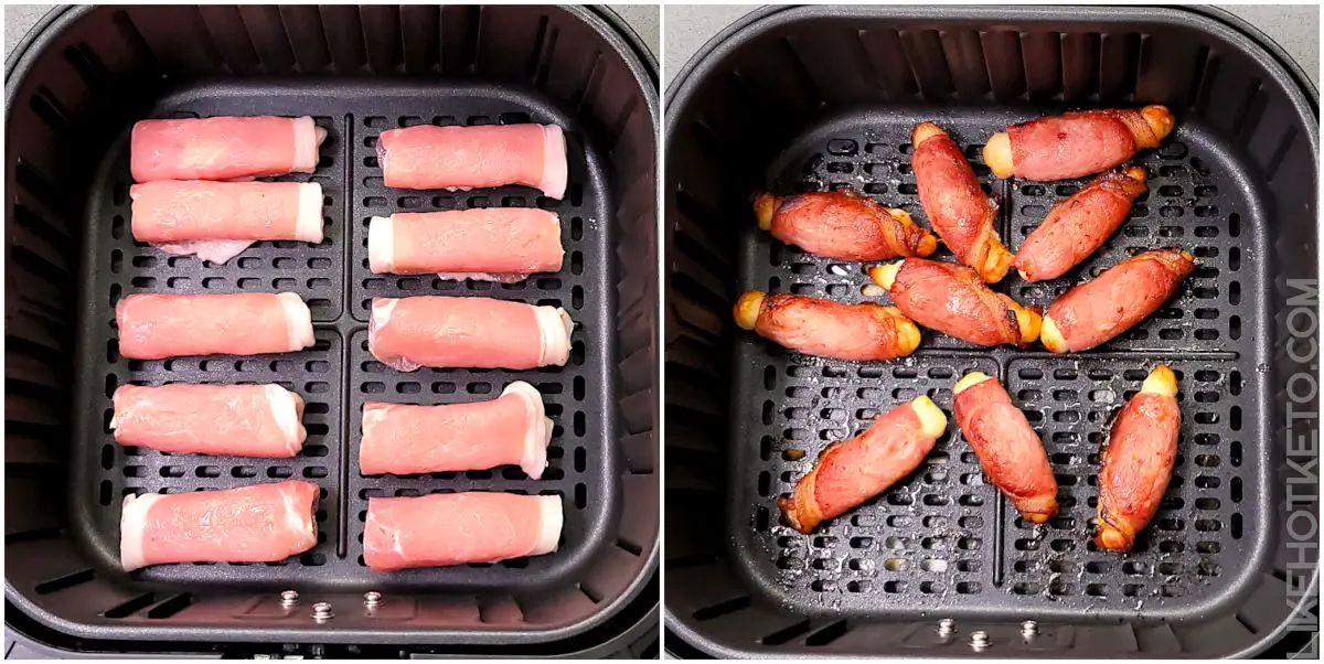 Halloumi cheese pieces rolled in bacon inside air fryer basket, before and after cooking.