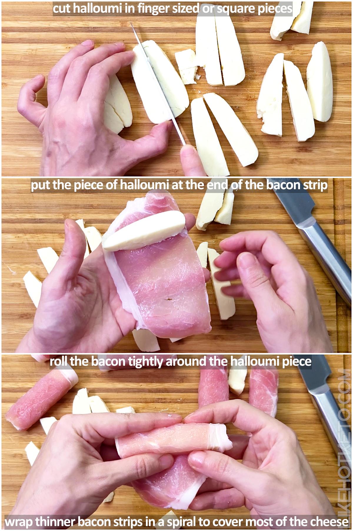 A 3 picture collage showing the halloumi cheese being cut in finger sized pieces, then being tightly rolled in a wide back bacon strip.