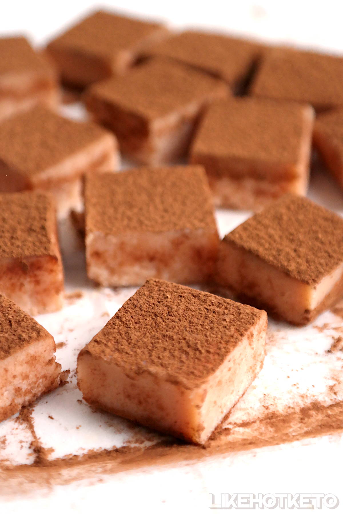 Low-carb Champagne flavor white chocolate truffles dusted with Dutch cocoa powder.