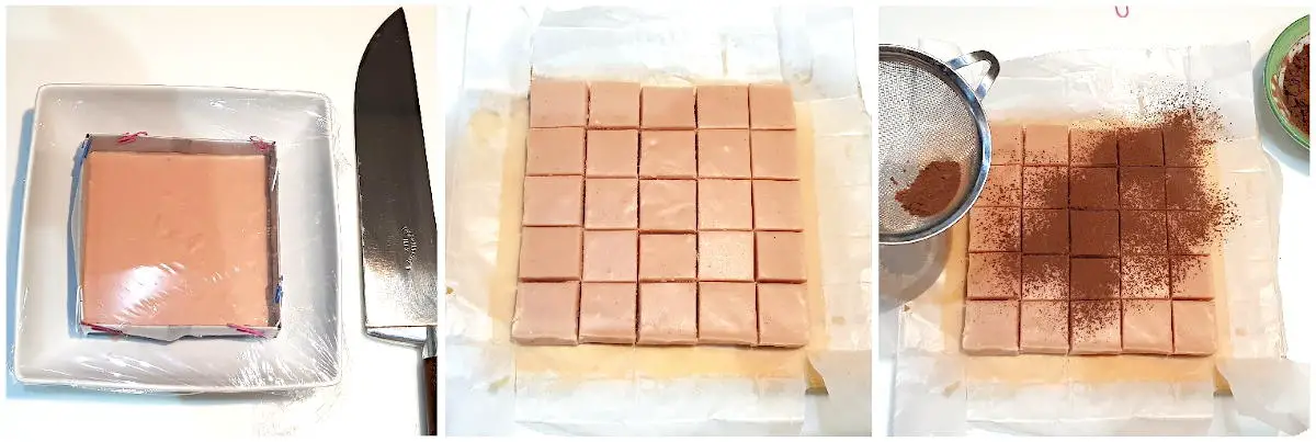 Step by step instructions on how to cleanly cut squares of keto nama Japanese chocolate.