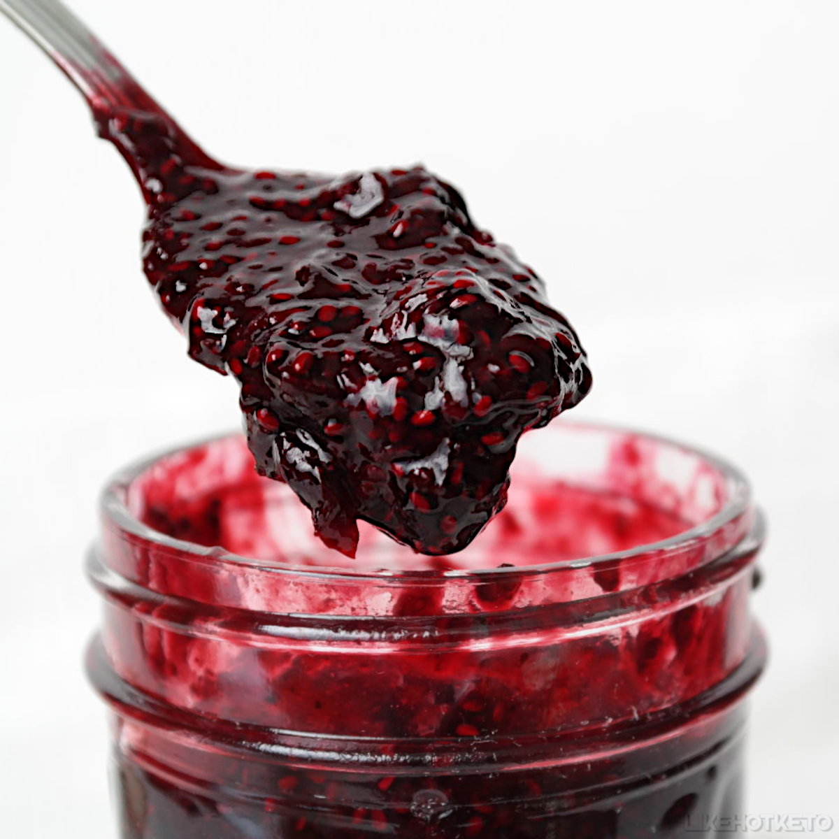 A spoonful of sugar-free chia seed berry jam.