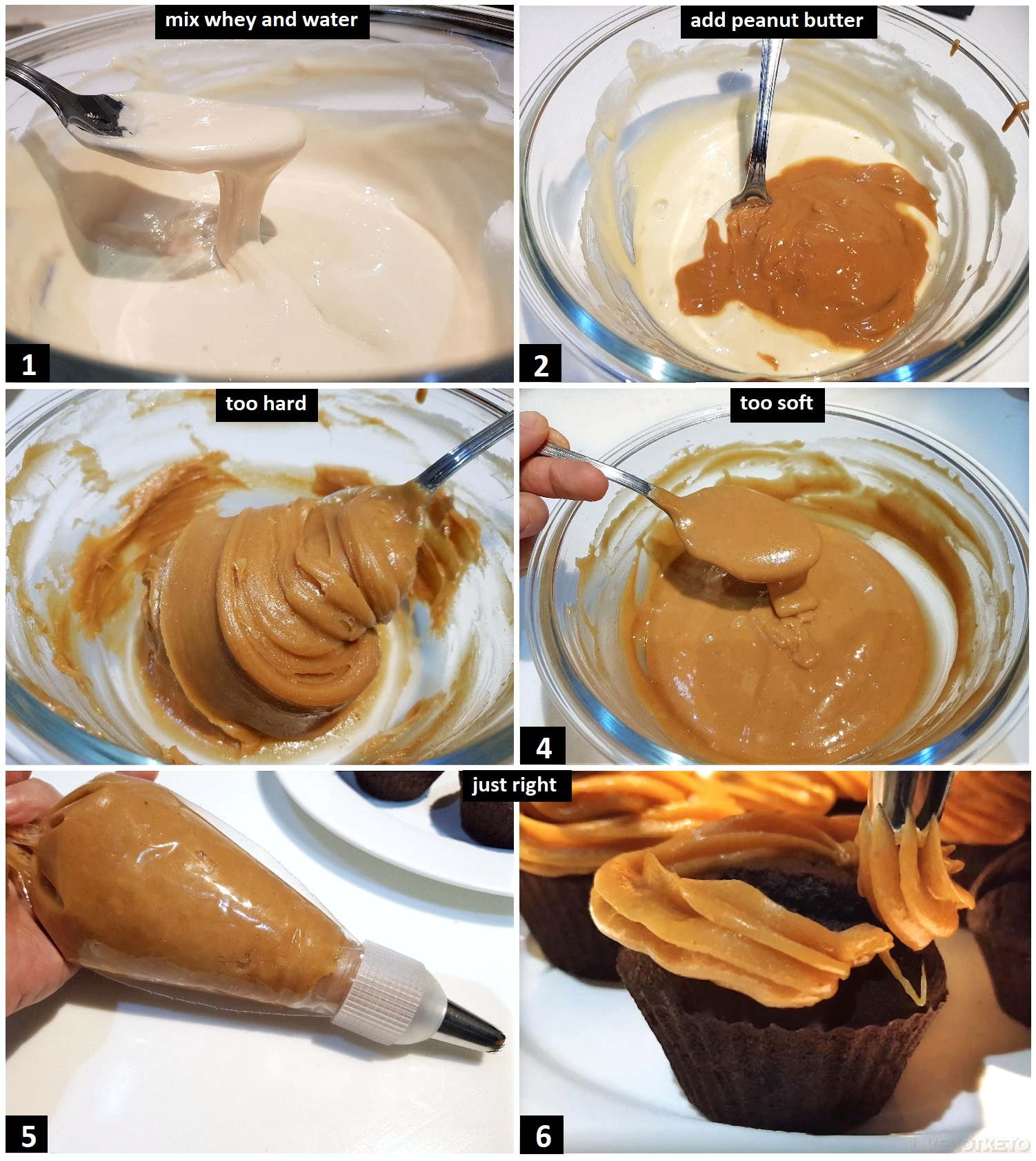 Step by step pictures for the peanut butter and whey protein keto cupcake frosting.