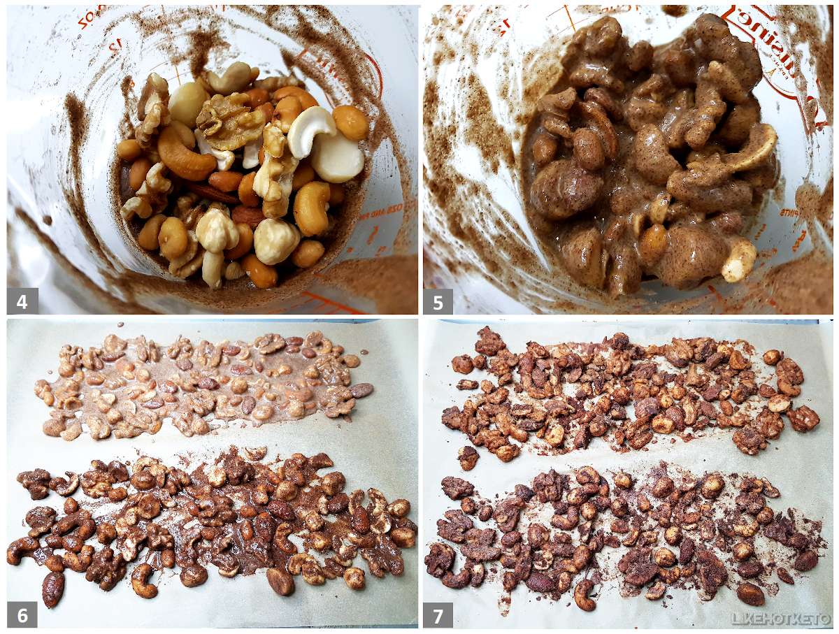 Step by step of keto candied nuts preparation, and their appearance before and after baking.