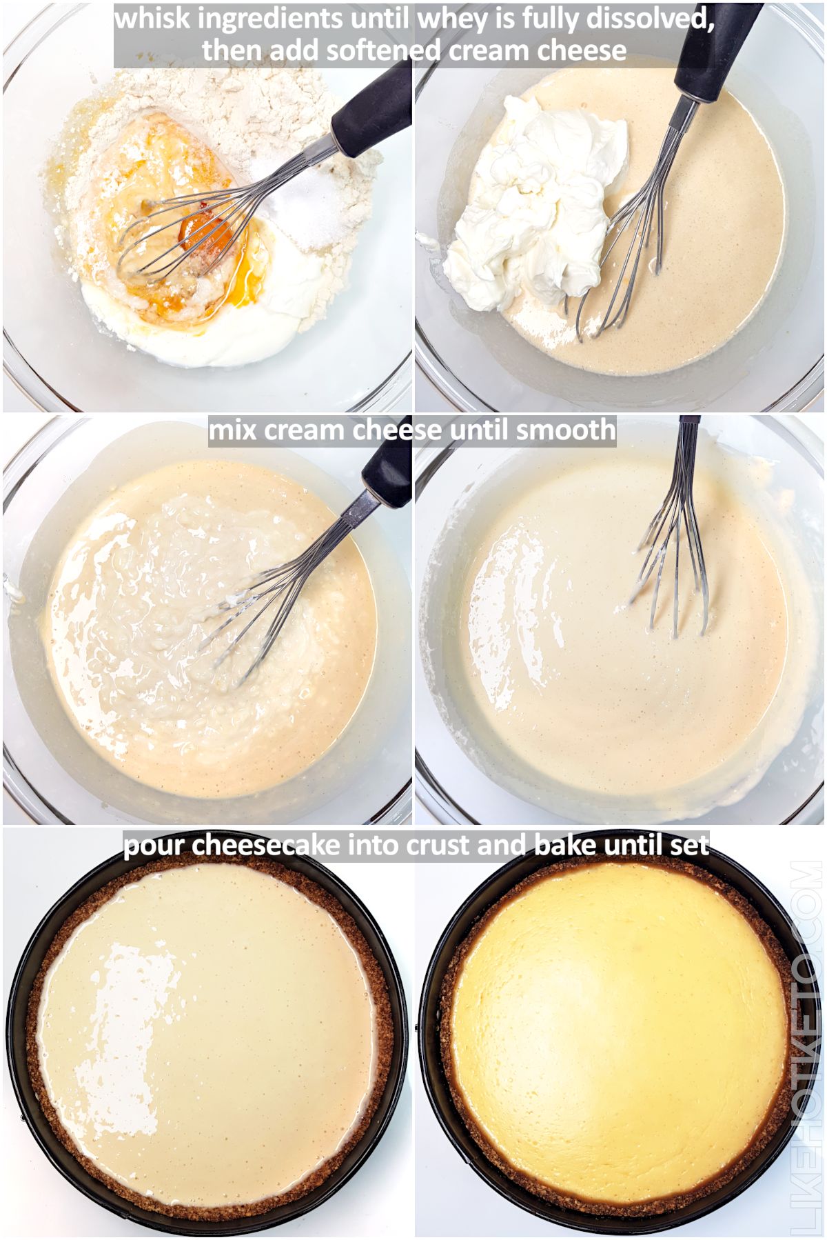 Steps to make keto protein cheesecake: mixing the ingredients and pouring the batter into the pan or crust, and the baked cheesecake.