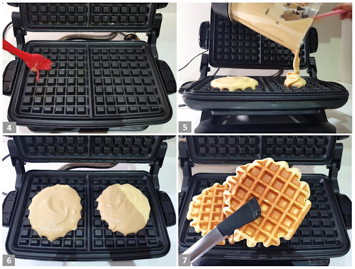 Keto crispy vanilla Belgium waffles step by step: buttering the waffle iron with a brush, pouring the creamy waffle batter, and removing the waffles when golden and done.