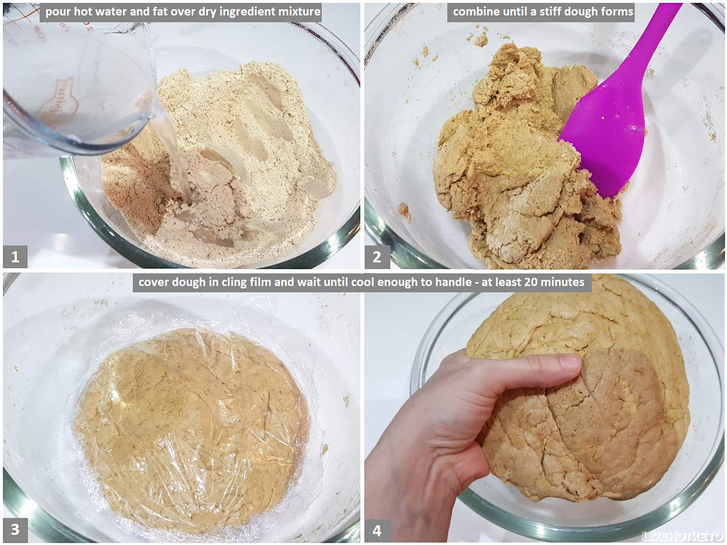 Step by step images of how to make flax meal and pea protein keto tortilla wraps, showing addition of hot water and fat to flour mixture, mixing until dough forms, and letting the keto tortilla dough rest while covered in cling film.