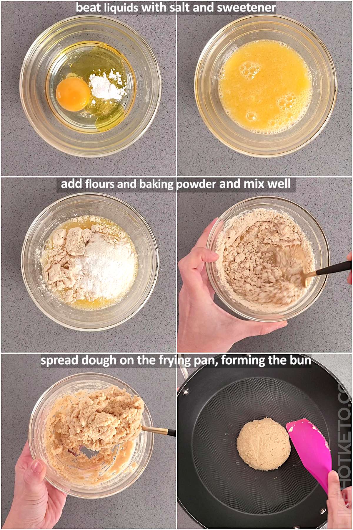Photo collage with the steps to make keto fry pan protein buns: mixing eggs, dry ingredients, batter texture and spreading dough on the fry pan.