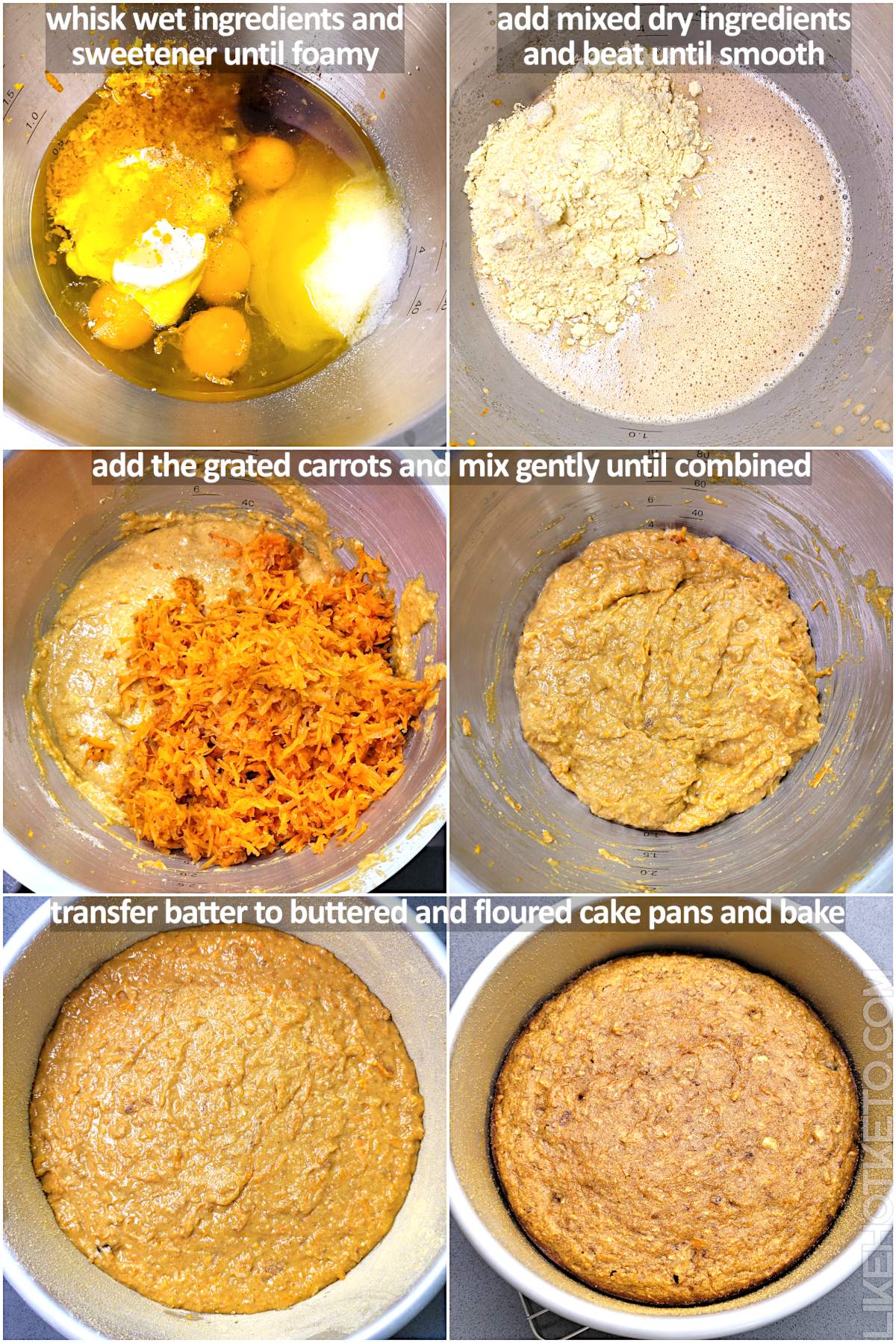 Step by step pictures of the keto carrot cake batter mixing and baking.