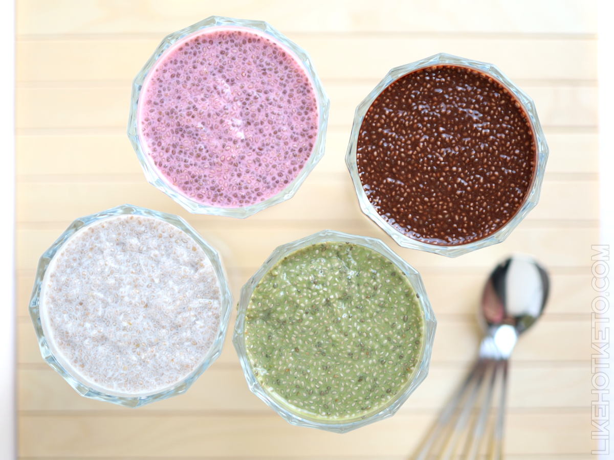 Four bowls of low-carb chia protein pudding in flavors matcha, strawberry, coconut and chocolate.