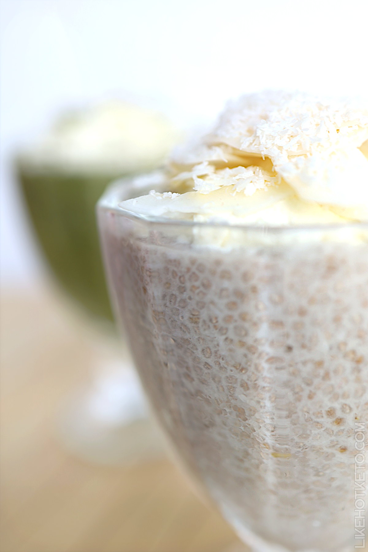 Coconut high protein chia pudding with whipped coconut cream and shaved coconut.