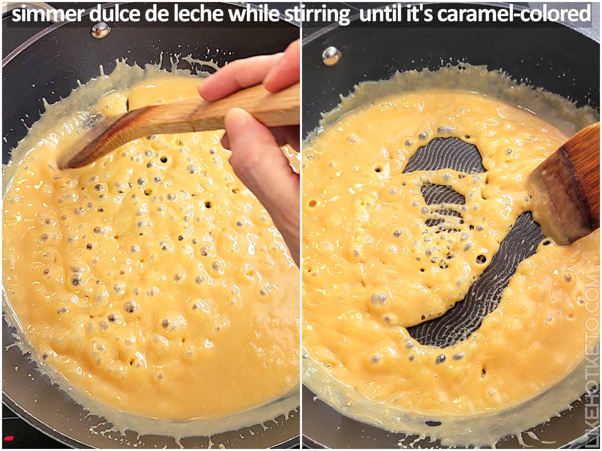 Collage of 2 photos showing how to determine when the dulce de leche is ready, by consistency and caramel color of dulce de leche .