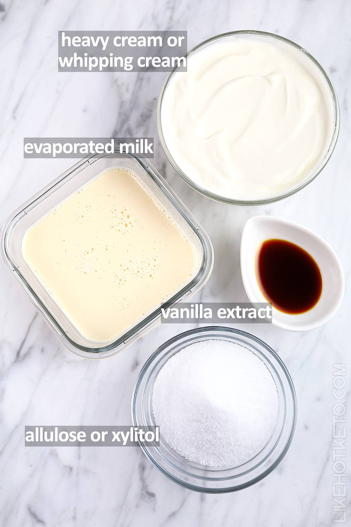 Ingredients for making keto dulce de leche caramel: heavy cream, sweetener, evaporated milk and sugar-free vanilla extract.