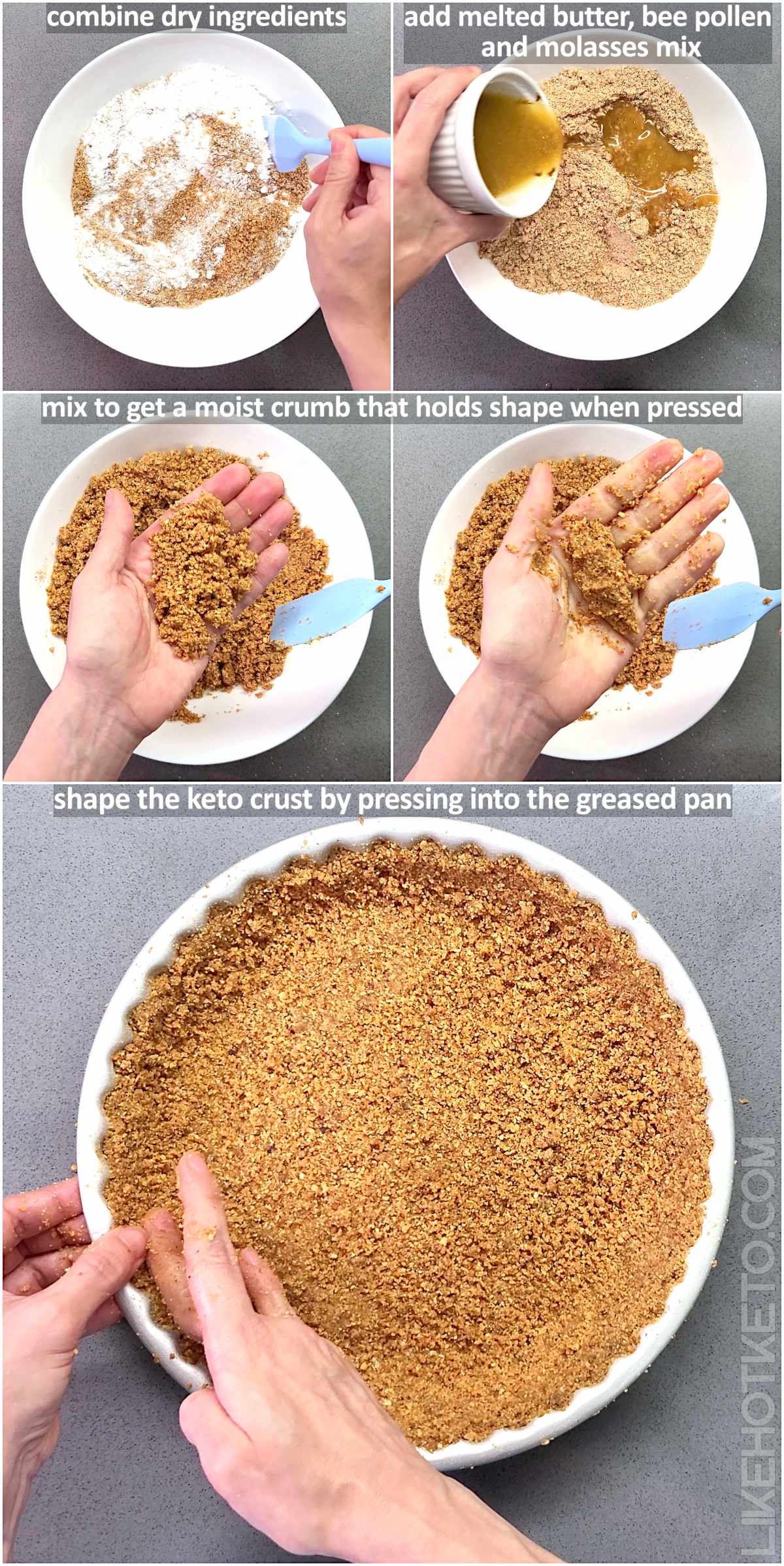 Steps to make the keto Graham cracker crust in images.