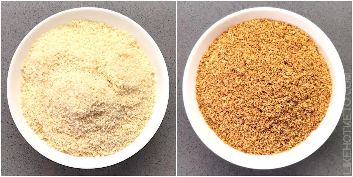 Side by side raw versus toasted, golden brown almond flour.
