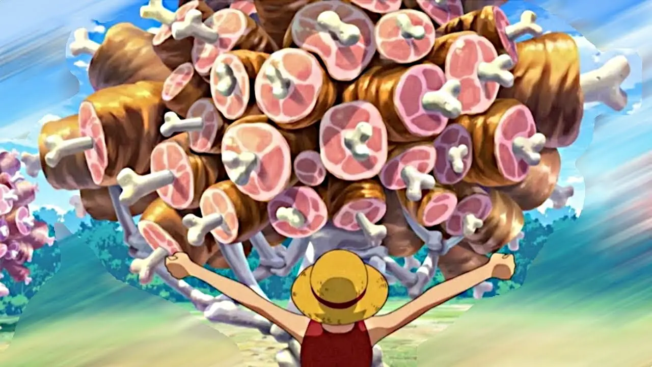 Luffy, from One Piece, gets excited at the sight of a tree of meat.