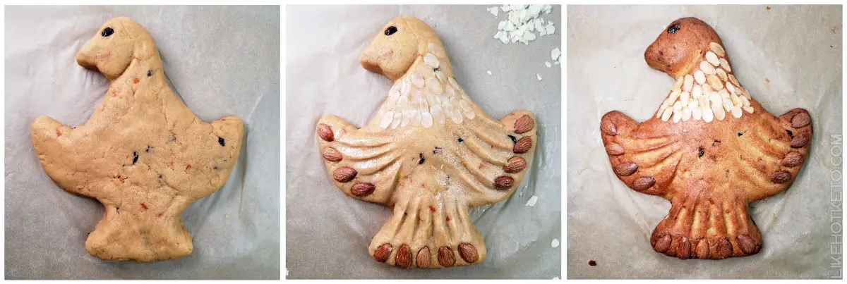 Hand shaped keto colomba dove bread, decorated with almonds and with sliced almonds for feathers.