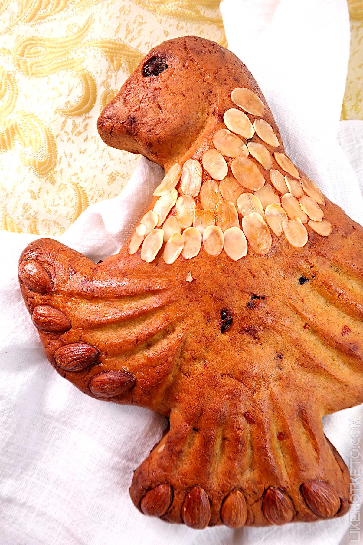 Keto and gluten-free Italian colomba sweet Easter bread, in the shape of a dove.