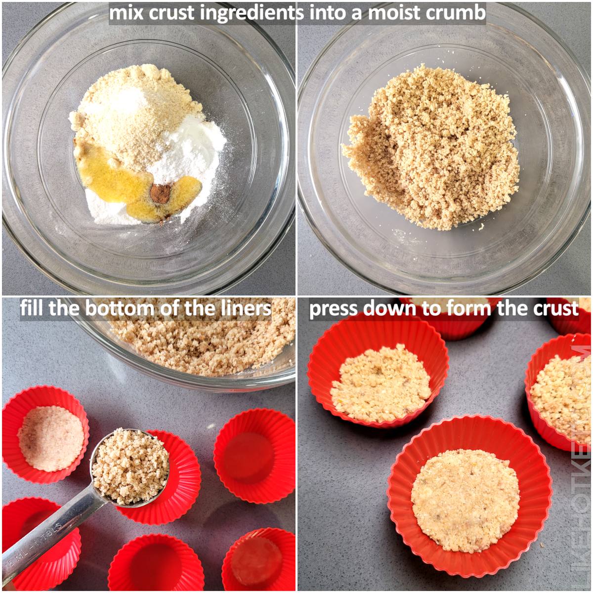 Step by step collage of how to make the keto mini pumpkin pie crust: mixing ingredients, texture of the crumb, and filling the muffin liners.