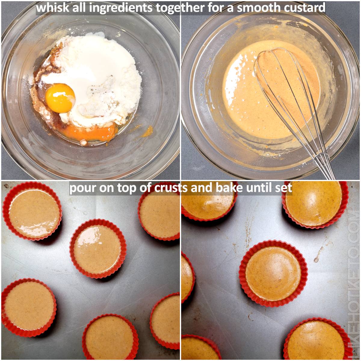Steps to make the keto mini pumpkin pie batter: mix the ingredients, the creamy custard, filling the muffin liners, and the baked mini pies.