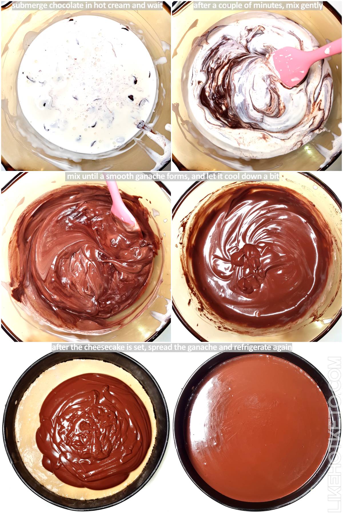 A six photo sequence showing how to make the sugar-free chocolate ganache topping, heating the cream, melting the chocolate and mixing, and the resulting creamy ganache topping the cheesecake.