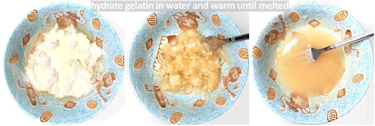 Picture collage showing how to hydrate or bloom the gelatin with water, then warming up until is liquid and free of lumps or crystals.
