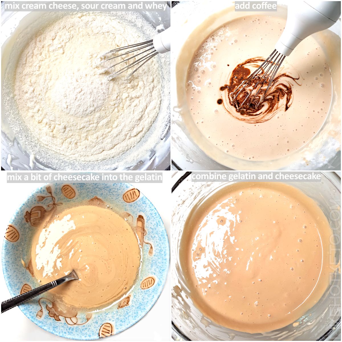 Picture collage of no-bake keto mocha cheesecake batter, showing the mixing of ingredients.