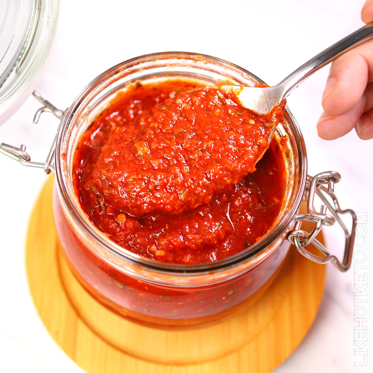 A spoonful of thick tomato sauce textured  with spices and herbs.