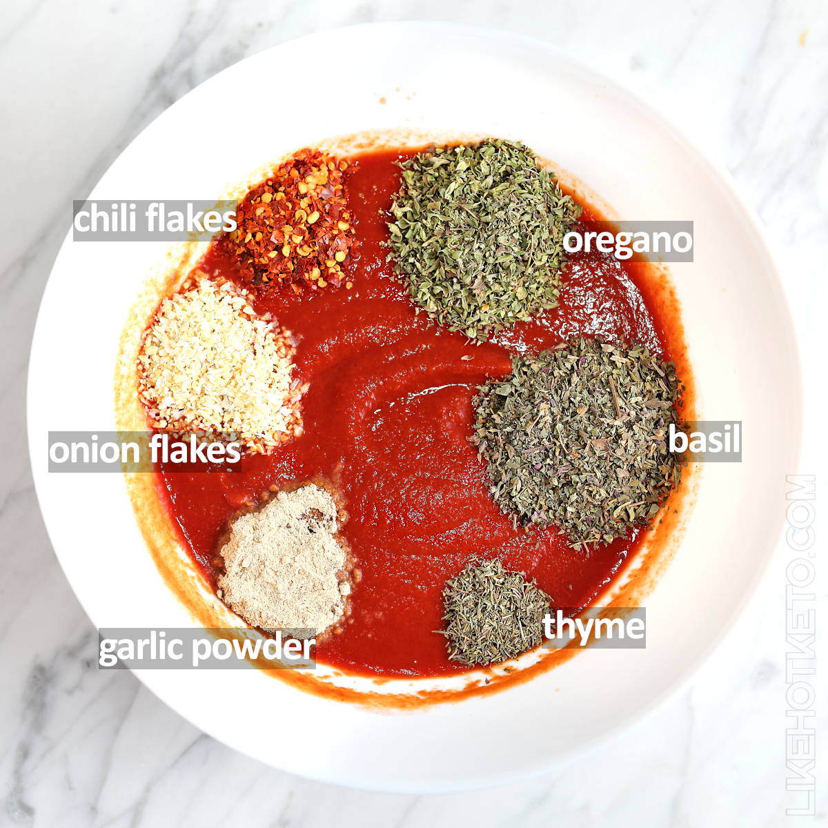 Labeled ingredients for keto tomato sauce in a bowl.