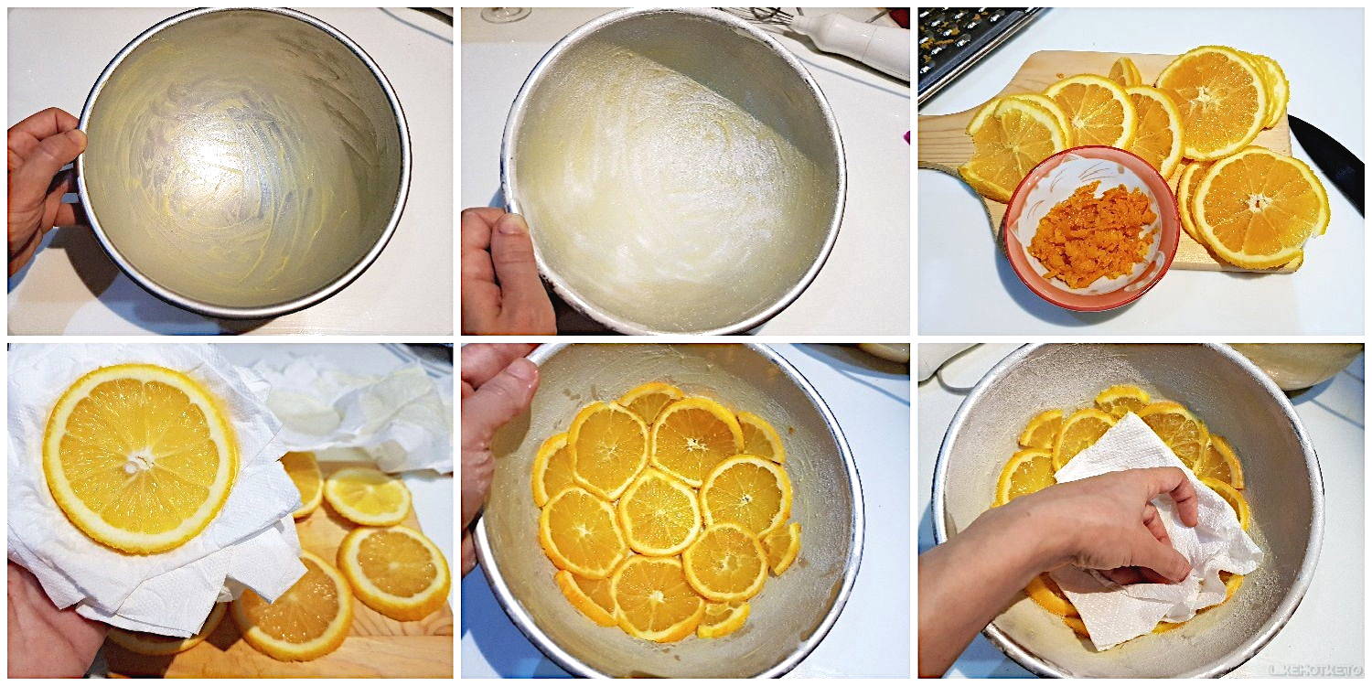 Step by step pictures of how to prepare the keto orange and olive oil cake upside down topping.