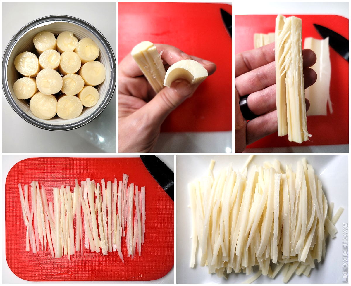 Step by step of homemade hearts of palm pasta: how to cut the hearts of palm into strands for linguine.