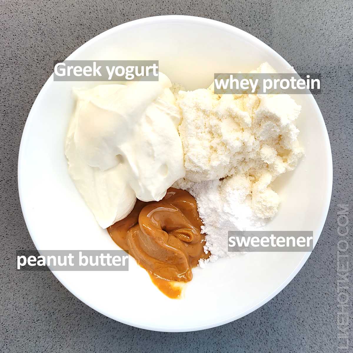 Ingredients for the keto protein bowl: Greek yogurt, peanut butter, whey protein and erythritol.