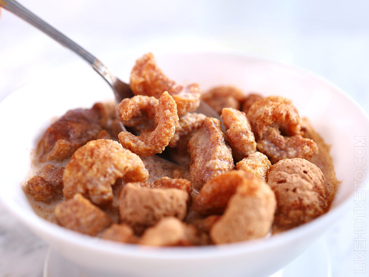 A bowl of pork crackling keto cinnamon cereal with low carb milk, with a spoon.