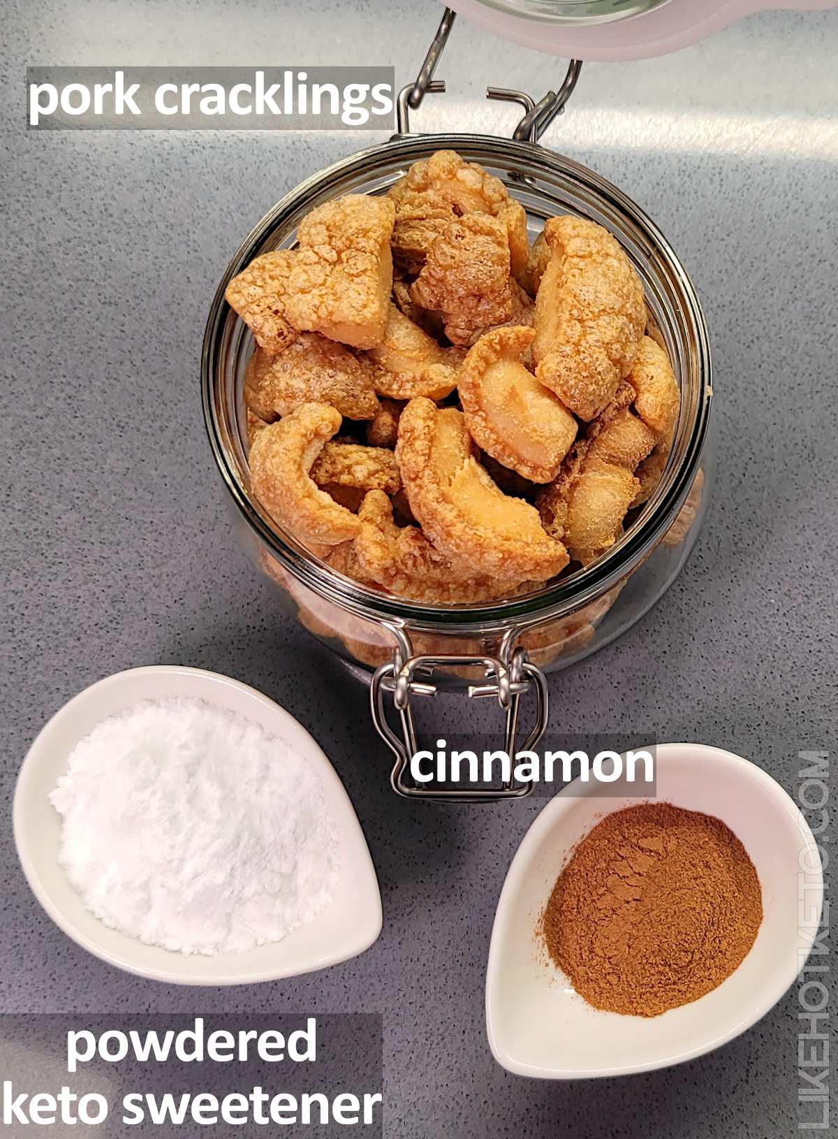 Ingredients for the keto cinnamon crunch cereal: pork cracklings, cinnamon and powdered sweetener.