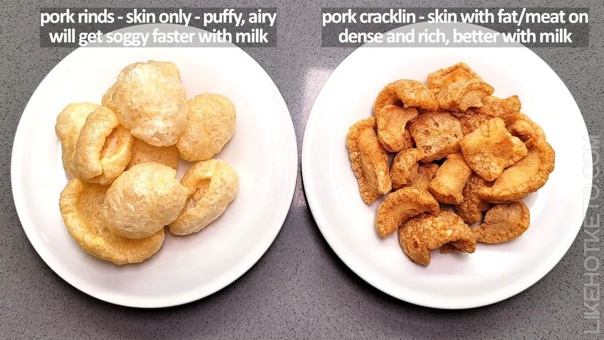Picture comparison on the left the pork rinds, the puffy, airy fried pork skin without any extra fat/meat. On the right, the cracklings: the pork skin with extra bits of fat.