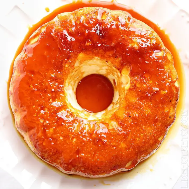 Top view of Portuguese Molotof cloud pudding covered in sugar-free caramel sauce.