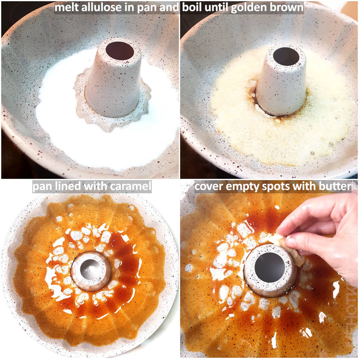 Collage of pictures showing the allulose melting into caramel, lining of the tube pan and greasing with butter.