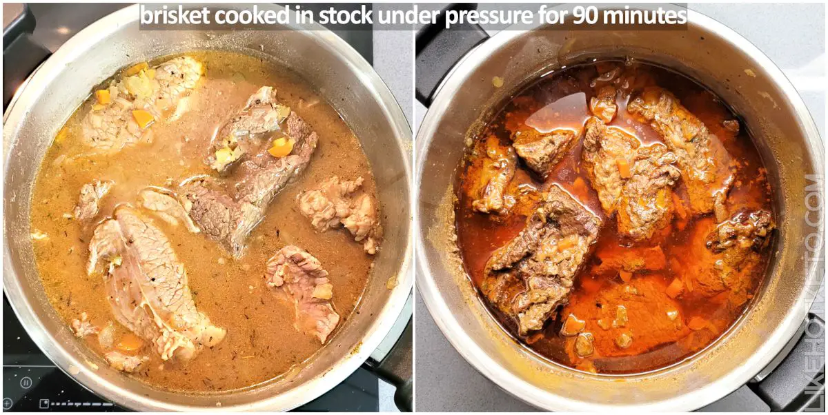 Collage of brisket in pan submerged in stock before cooking, and brisket cooked after 90 minutes under pressure.