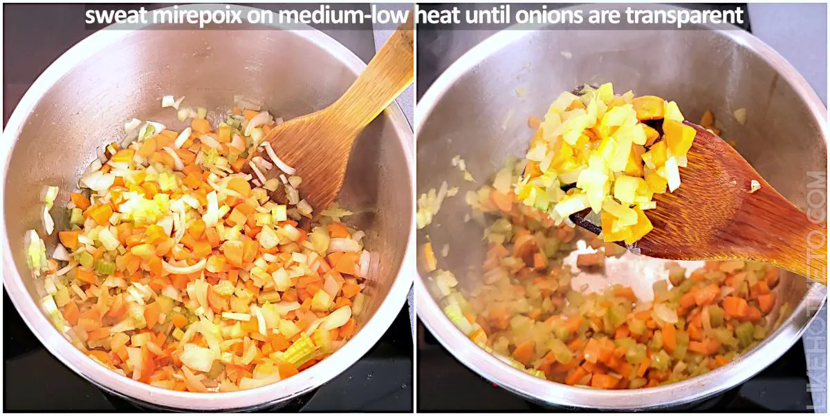 Mirepoix cooning on a pan, before and after.