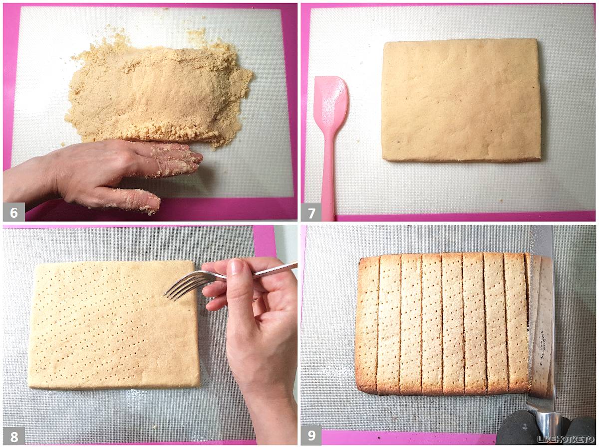 Gluten-free Scottish shortbread pure butter cookie dough shaped into a rectangle, pricked with a fork, and being cut into slices after baking.