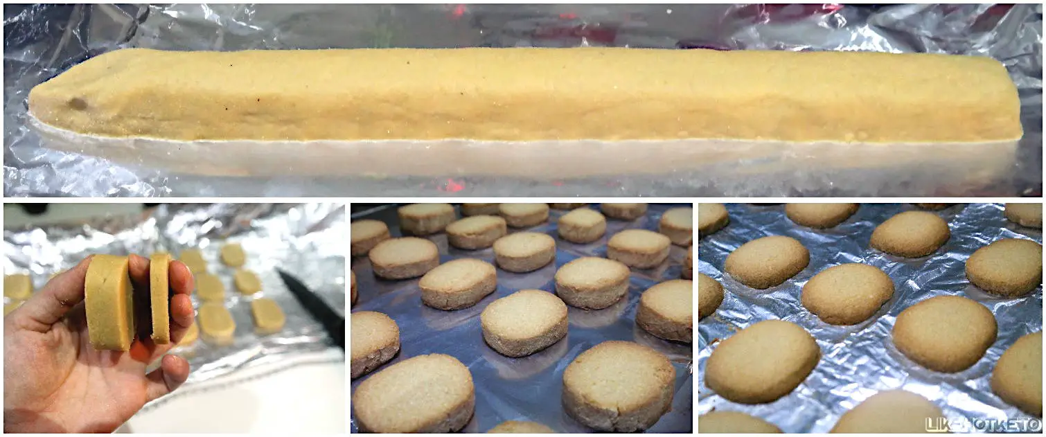 Keto Scottish pure butter shortbread cookie dough shaped into a snake or log, cut into 2 different thicknesses and how each thin and thick biscuit appear after baking.