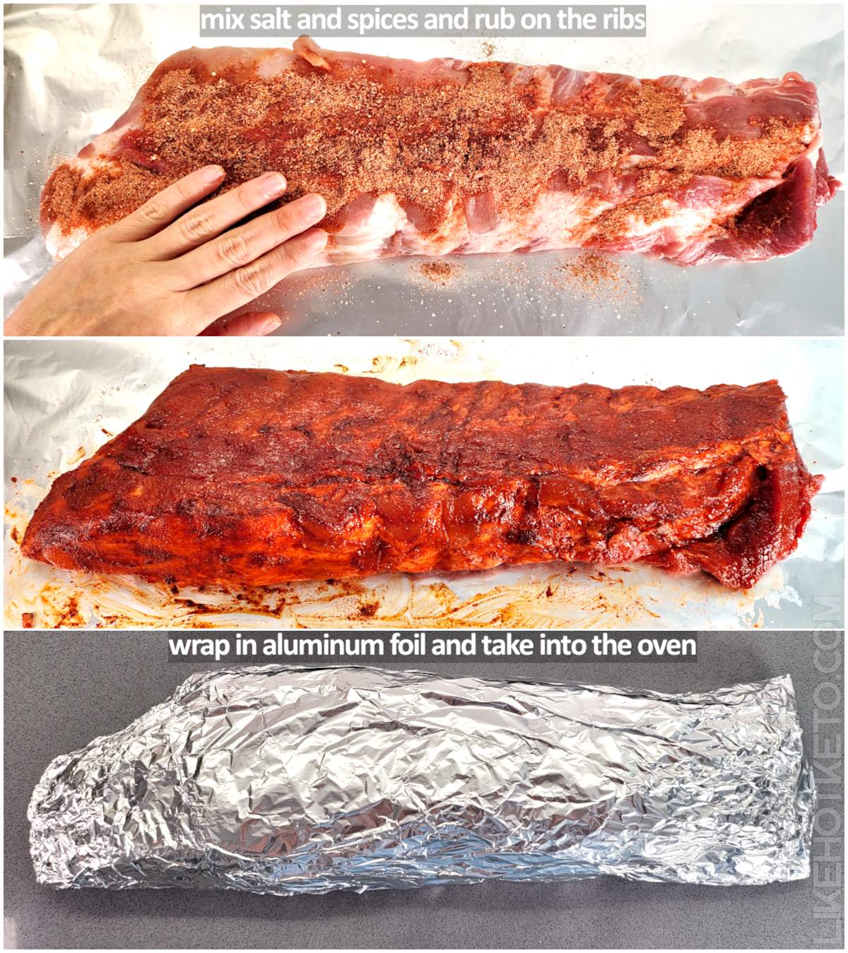 Step by step collage showing preparation of the chipotle pork ribs recipe, reading "mix salt and spices and rub on the ribs" and "wrap in aluminum foil and take into the oven".