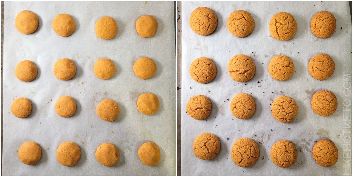 Keto soft pumpkin cookies in baking tray, side to side comparison of cookie shaped raw dough and golden baked cookies.