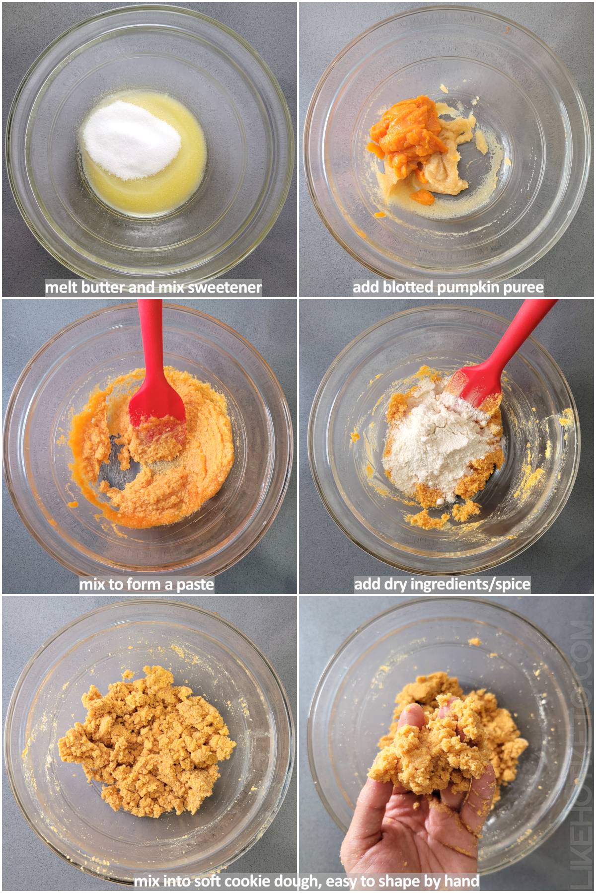 Step by step pictures of keto pumpkin cooking preparation: mixing sweetener and butter, adding pumpkin purée, then dry ingredients and mixing up to form the soft cookie dough.