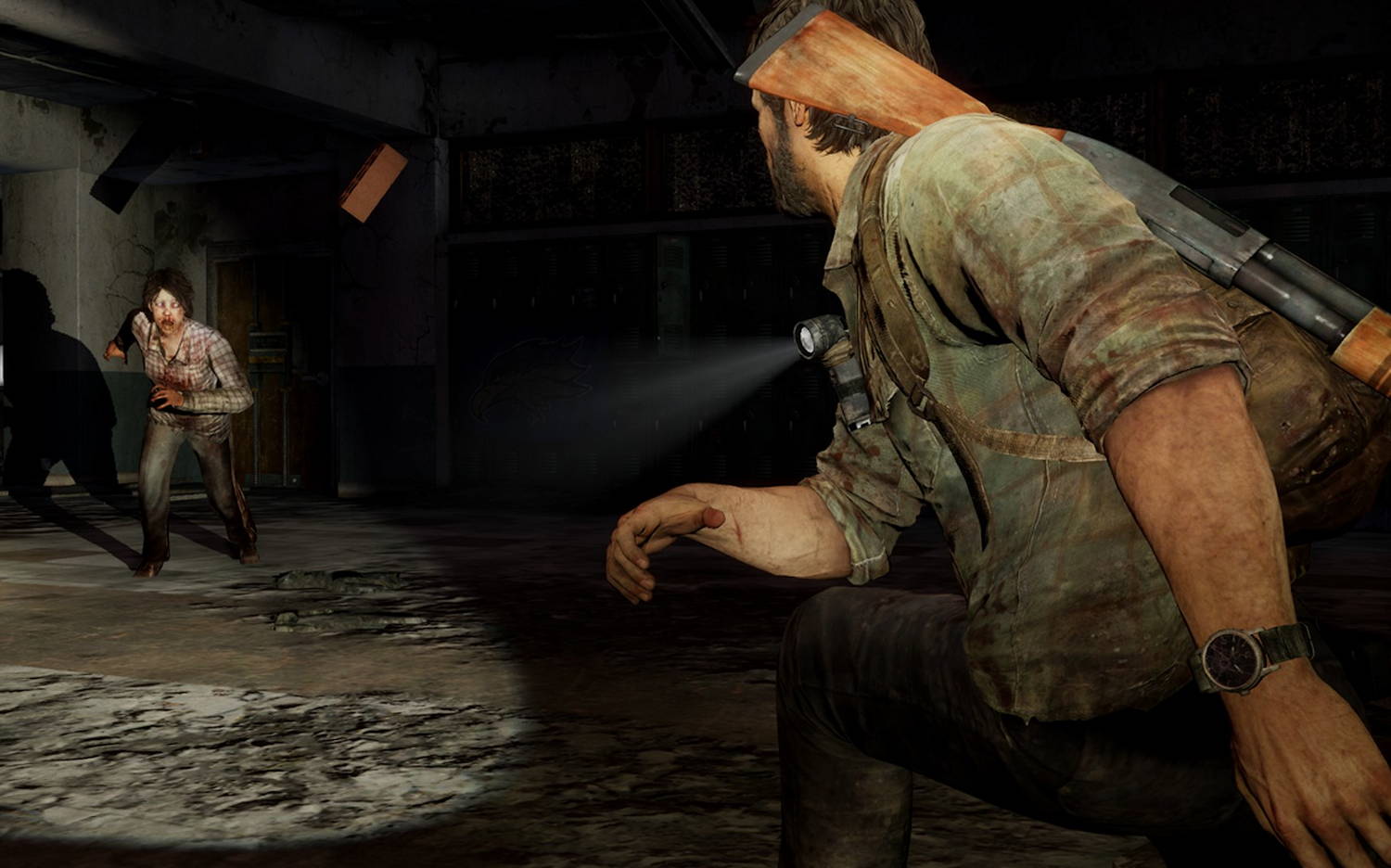 Joel from the Last Of Us game, reaching for a ginger schnapps molotov cocktail to defend himself.