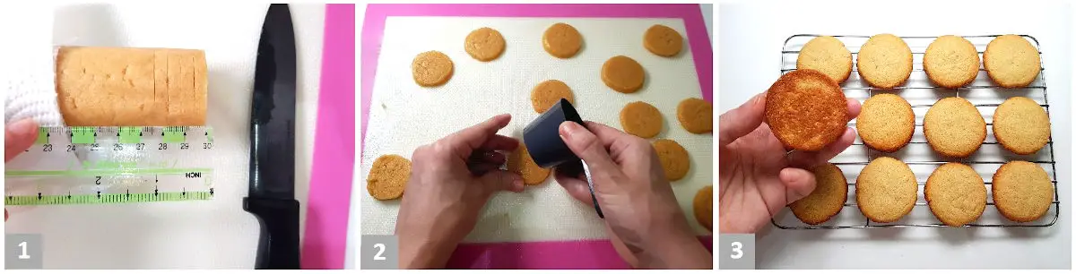 How to make the keto sandwich cookies step by step: shape the dough into a lo, refrigerate and cut slices, cookies on silicon mat, baked cookies on cookie cooling rack.