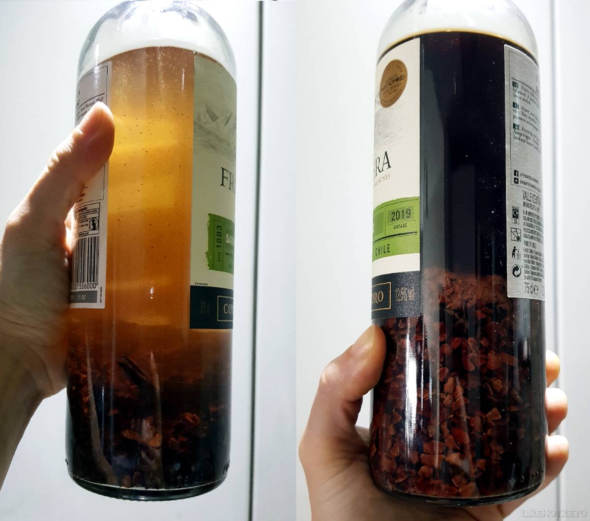 Side by side comparison of the cacao nibs vodka infusion on day 1 and on day 45.