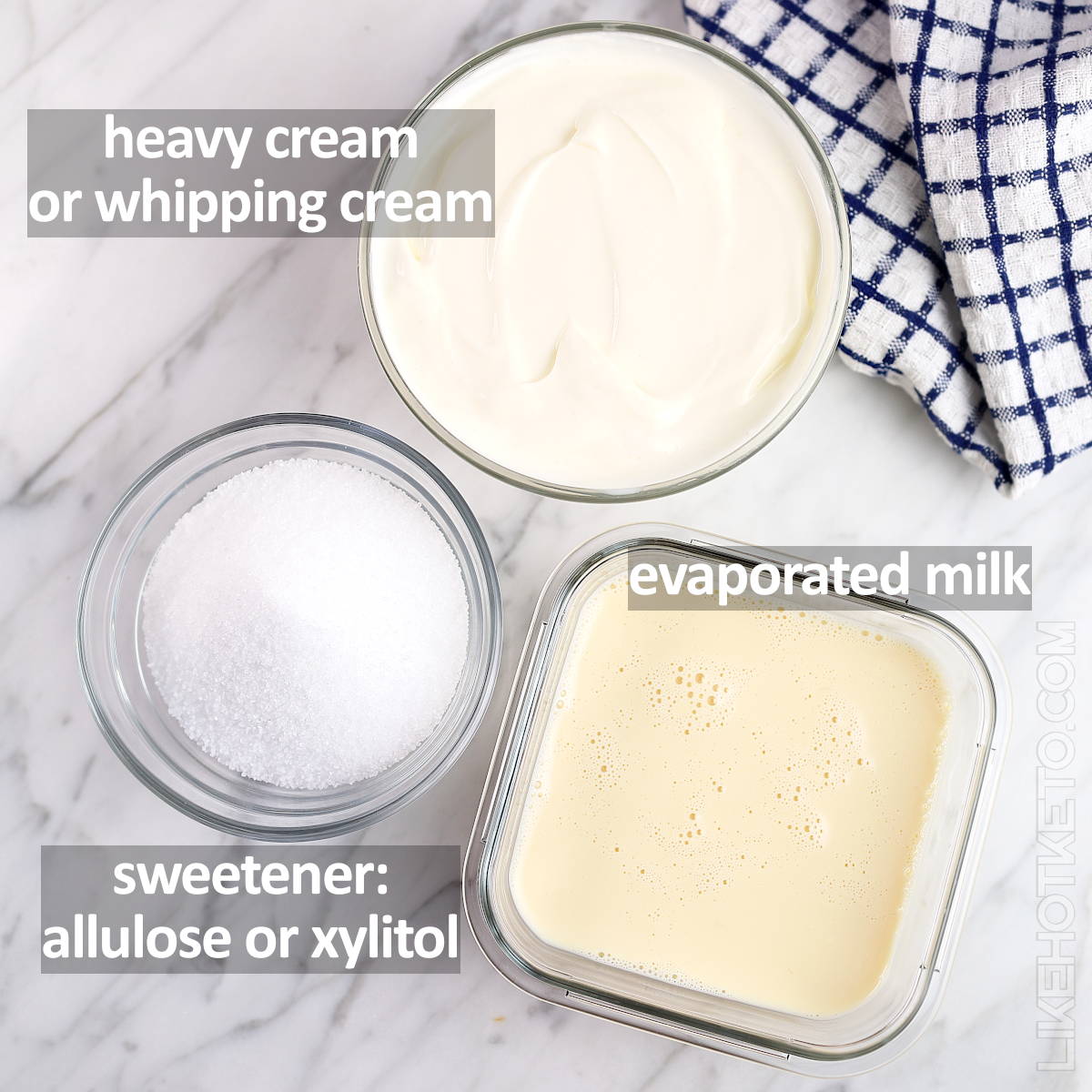 Ingredients for low-carb condensed milk: heavy or whipping cream, xylitol or allulose sweetener and evaporated milk.