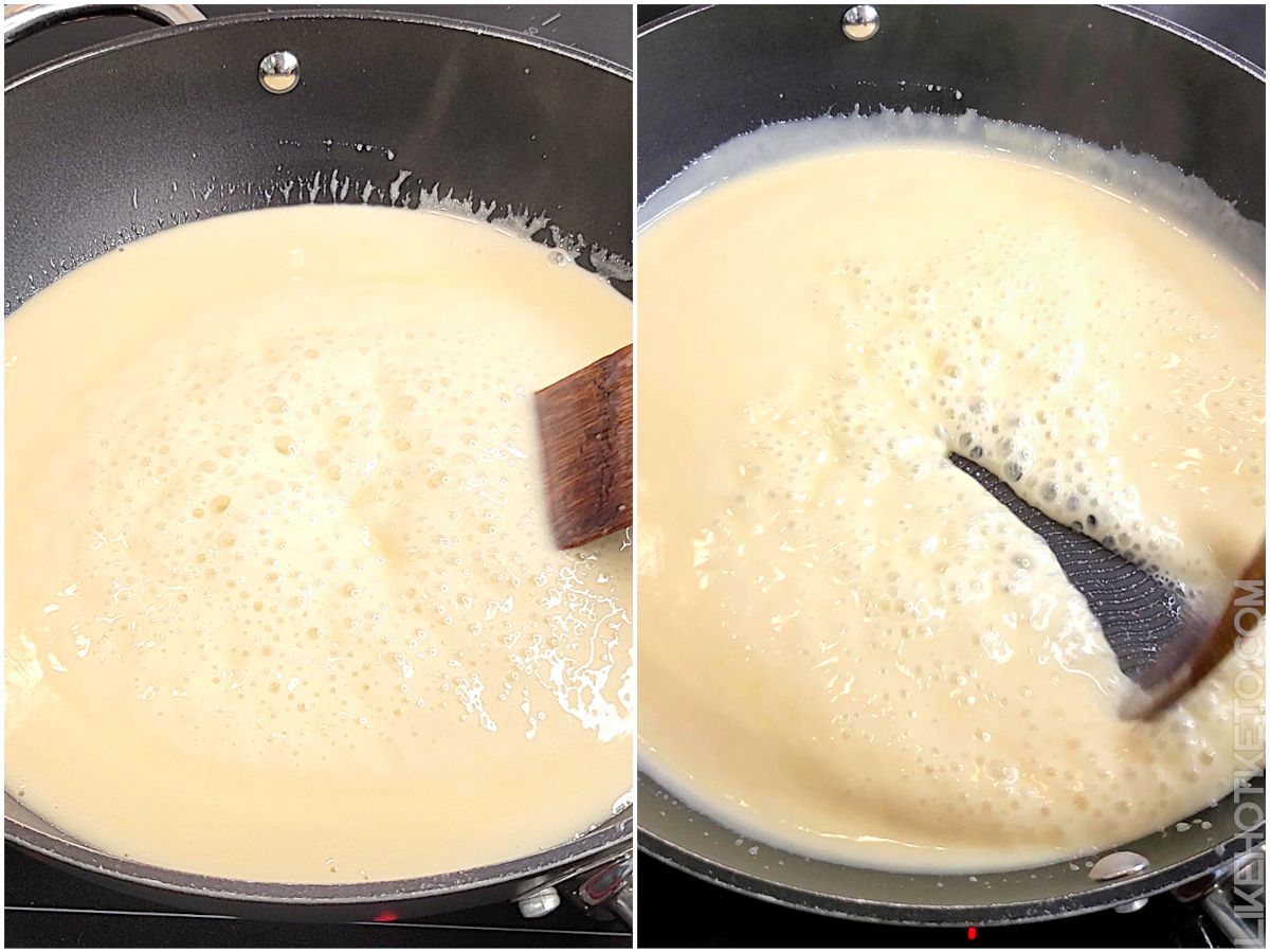 Two images show the mixed ingredients start boiling in the pan, cream color as condensed milk, and being stirred with a wooden spoon.